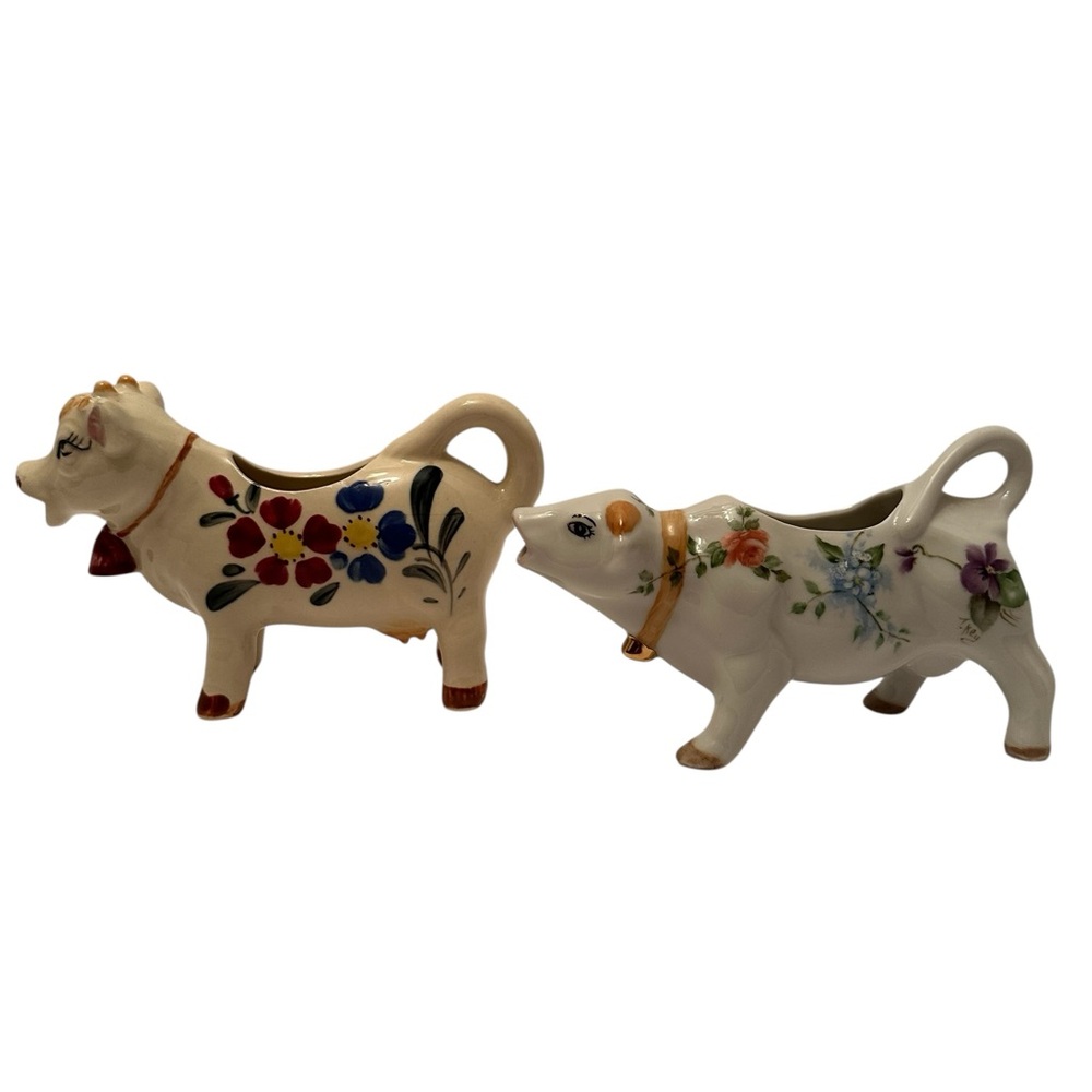 Ceramic Cow Creamer Pitchers Set of 2 Hand Painted Floral Farmhouse Home Decor - Picture 3 of 12